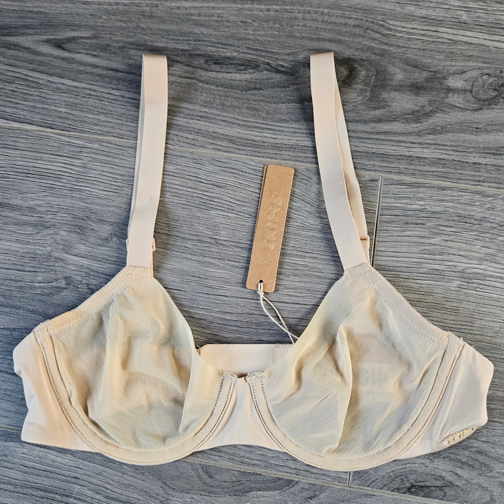 SKIMS No Show Unlined Demi Bra Sand Sheer Mesh Underwire 32B NEW